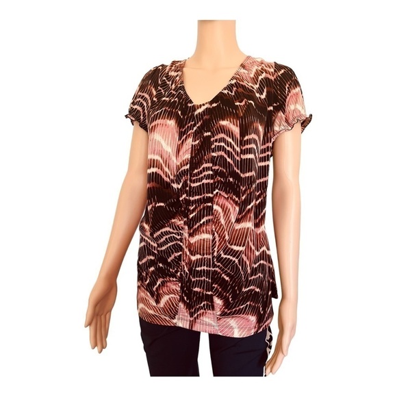 Worthington stretch flowy blouse/top geometrical ruched front bell short sleeves - Picture 2 of 13